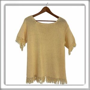 Rico Cable Knit Tunic Sweater Size S/M Small Medium Fringe Hems Square Neck